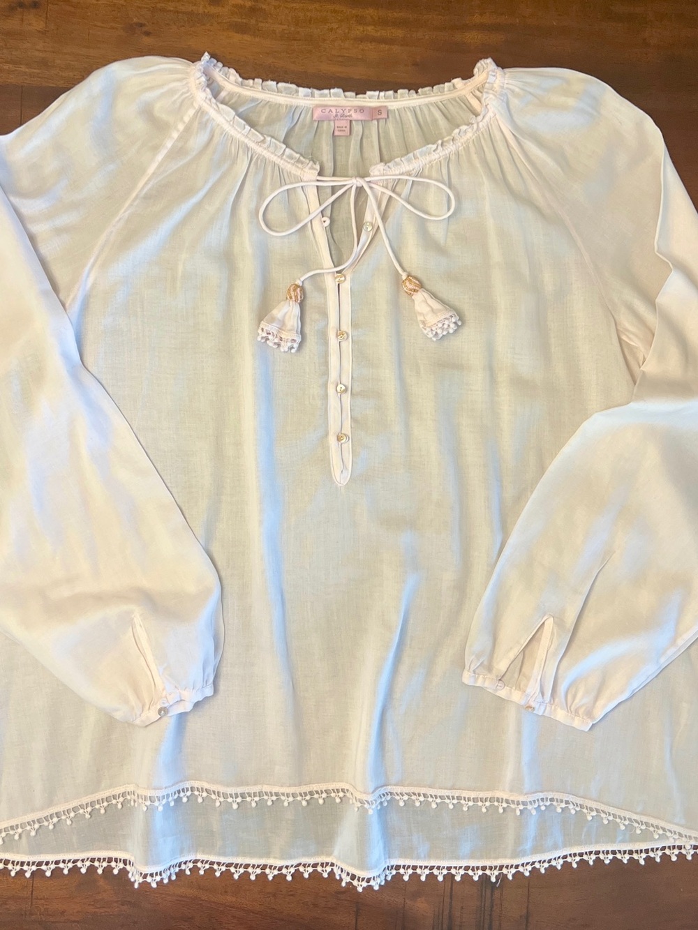 Calypso St. Barth Light Pink Tie-Neck Peasant Blouse